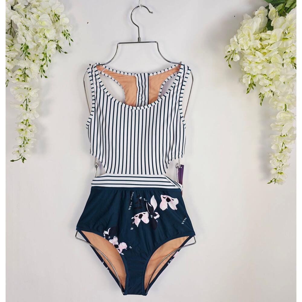 New Molybell Monokini One Piece Swimsuit XS Green Lilies Stripe Cutout Zip Beach - Picture 3 of 14